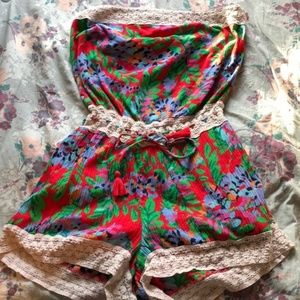 Aerie Multi-colored Romper with Cream Lace Medium